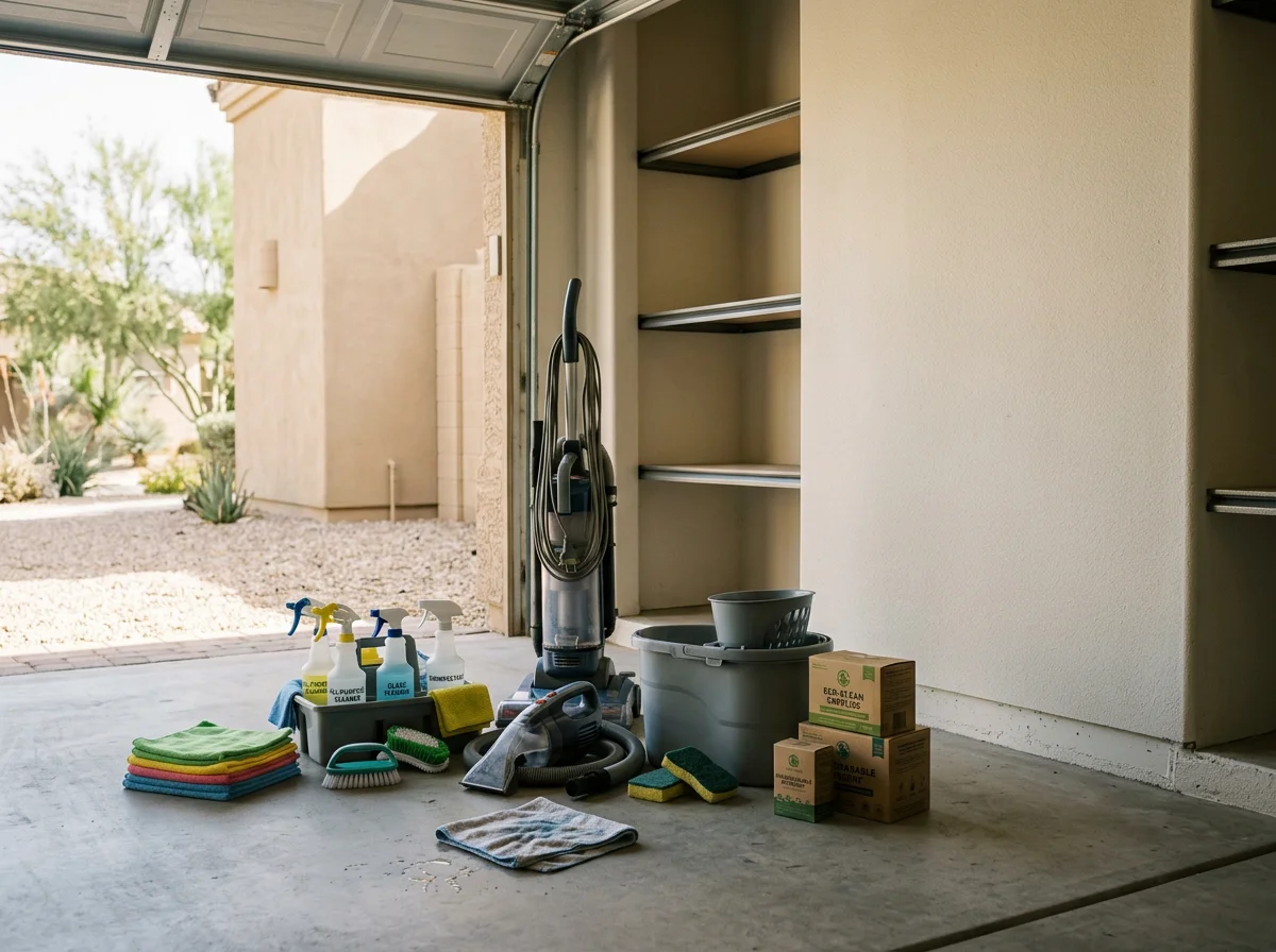 Cleaning equipment and supplies arranged for a residential and commercial cleaning job in the Las Vegas area. The scene shows no people.