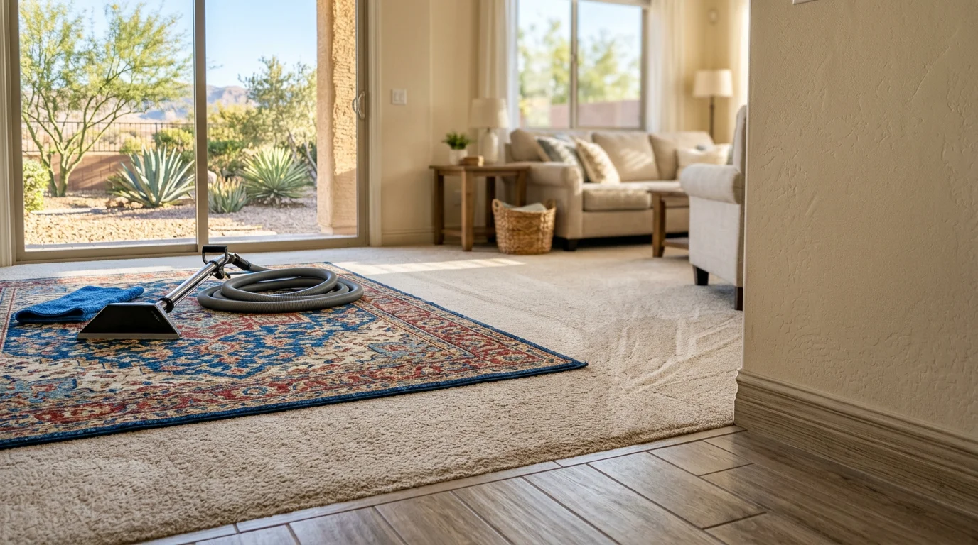 Technician steam cleaning a carpet in a living room in Las Vegas