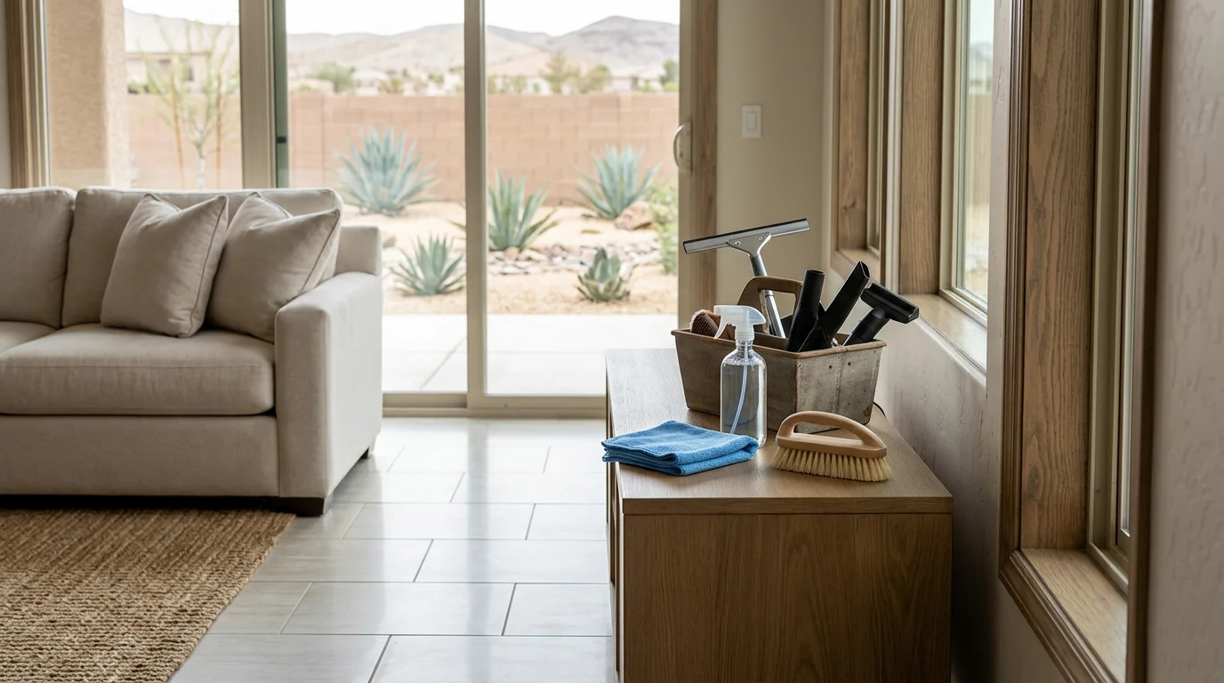 Cleaner in an orange and white uniform wiping a kitchen counter in a Las Vegas home