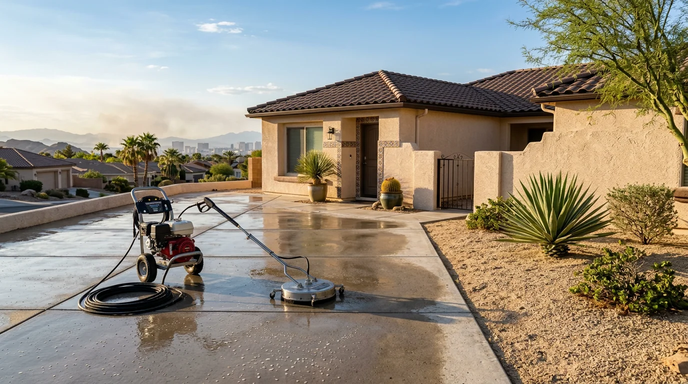 Pressure washing a driveway in front of a home in Las Vegas