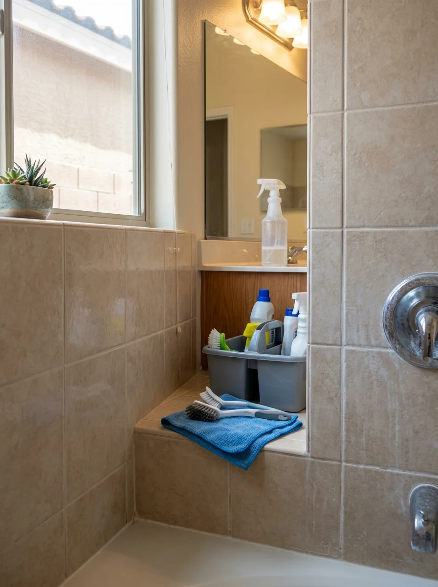 A technician scrubbing tile grout in a Henderson bathroom with hard water mineral staining on the surrounding surfaces.