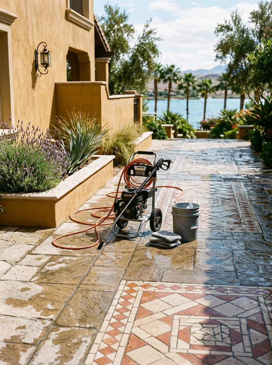 A technician pressure washing a decorative tile courtyard at a Lake Las Vegas resort home with stone walkway detail.