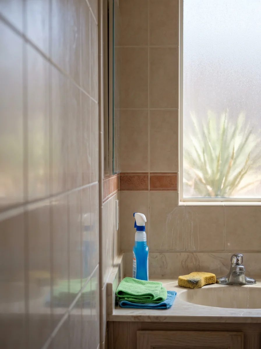 Close-up of a cleaning technician wiping mineral deposits from a bathroom tile surface in a Las Vegas home.