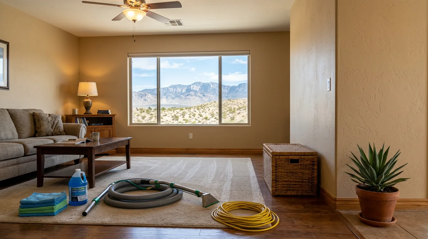 A professional cleaner steam cleaning carpet in a Las Vegas living room with desert-view windows and stucco walls.