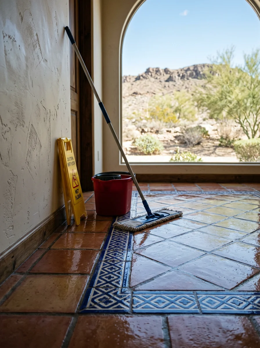 A technician mopping tile floors in a Mountain's Edge home with Mediterranean-style decorative tile detail and desert-view windows.