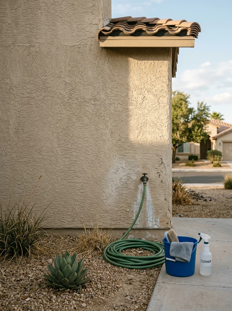 A technician deep cleaning a bathroom in an older North Las Vegas ranch-style home, scrubbing hard water deposits from tile grout and fixtures.