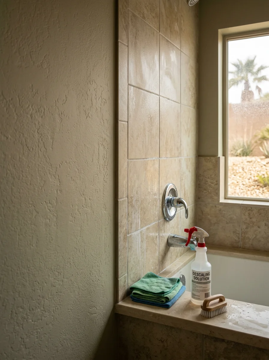 A technician cleaning a bathroom in a Providence northwest Las Vegas home, addressing hard water mineral deposits on tile and fixtures.