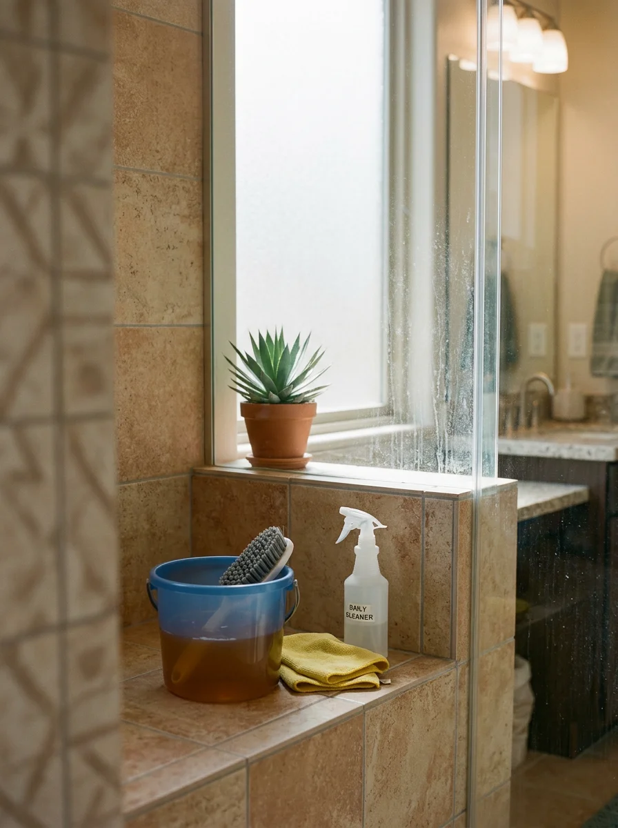 A technician cleaning tile grout in a Summerlin North bathroom with mineral deposit buildup on the surrounding surfaces.
