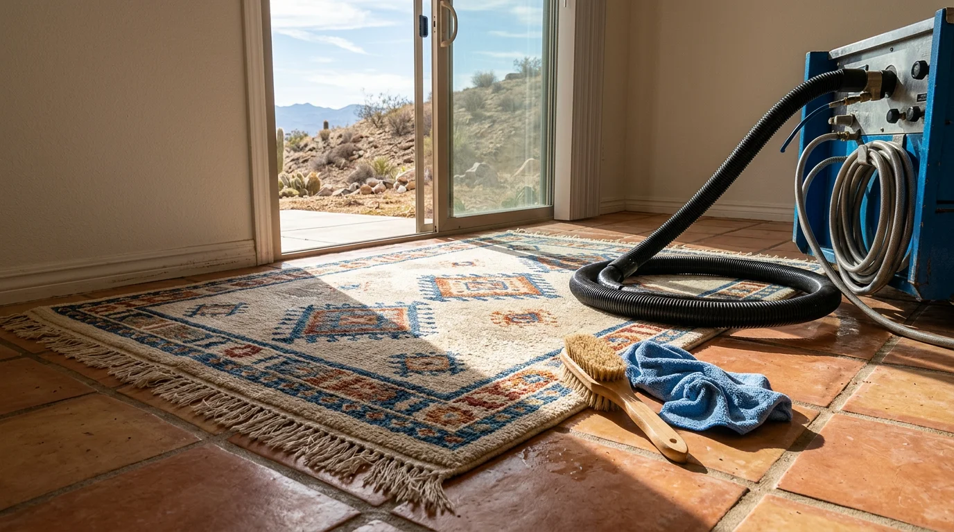 A clean, restored area rug on the living room floor of a Las Vegas home, with visible color and texture after professional cleaning. A technician from Quality Cleaning Services works on a second rug nearby, inspecting the fibers before treatment.
