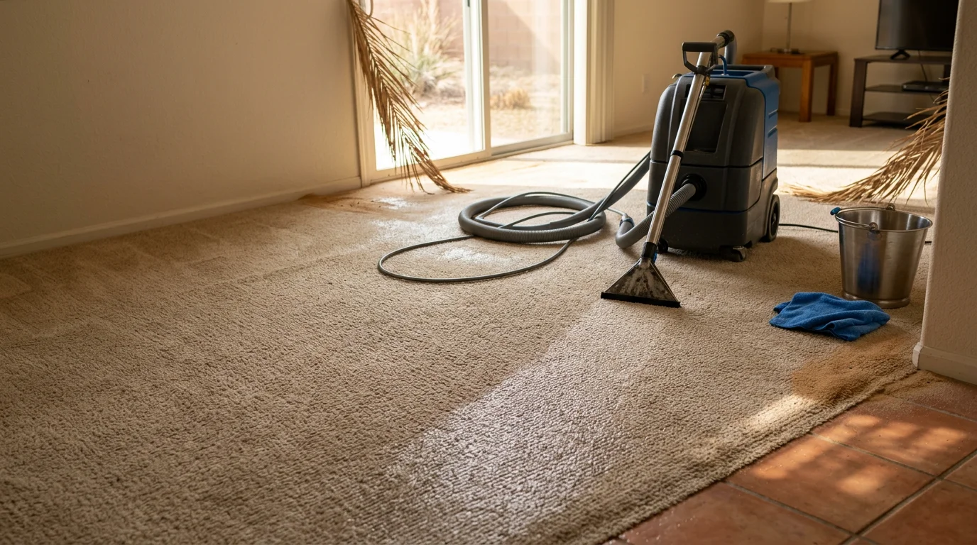 A carpet steam cleaning technician using a hot water extraction wand on a residential carpet in a Las Vegas home, with visibly cleaner fibers behind the cleaning path. The room shows a typical Nevada home interior with tile entryway and carpeted living area.