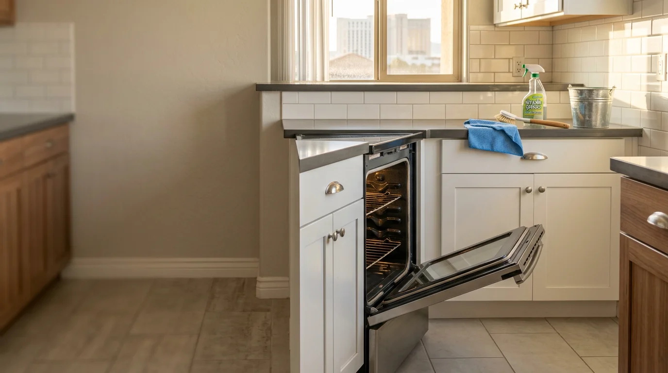 A clean kitchen in a Las Vegas home after a professional deep clean, showing scrubbed countertops, a spotless stovetop, and polished cabinet exteriors. The sink and faucet are free of buildup, and the floor is freshly mopped.