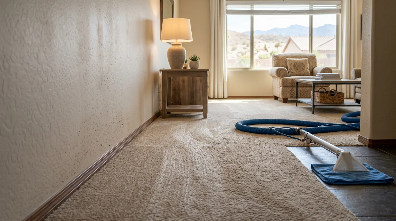 A freshly cleaned carpet in a Las Vegas area home showing restored color and texture after hot water extraction. A professional carpet cleaning technician works through a bright living room in a residential property in Henderson, Nevada.