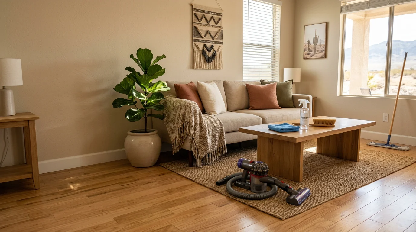 A clean, sunlit living room in a Las Vegas home with dust-free surfaces, vacuumed floors, and neatly arranged furniture after a general housekeeping visit by Quality Cleaning Services. The kitchen counter in the background is wiped down and clear, reflecting the routine maintenance work completed during the visit.