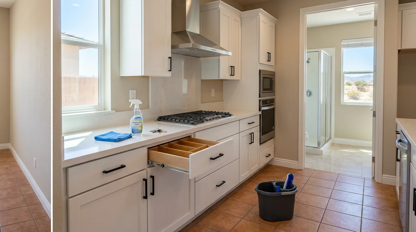 A spotless vacant kitchen in a Las Vegas area home after professional move-out cleaning, showing clean appliance interiors, wiped cabinet fronts, and clear countertops ready for a landlord walkthrough.