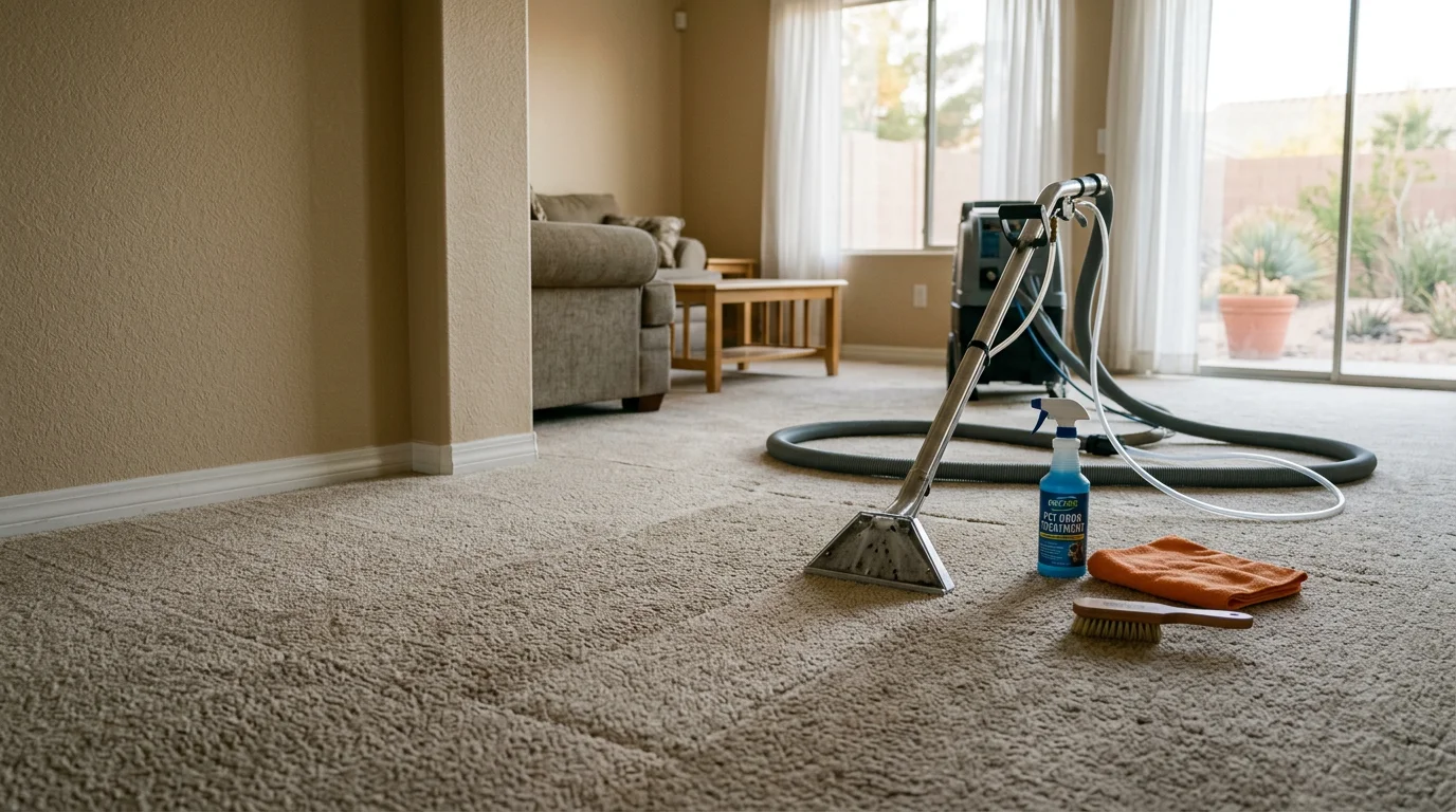 A clean, odor-free carpet in a Las Vegas home after professional pet stain and odor removal by Quality Cleaning Services. The treated area shows no visible staining or discoloration across the carpet fibers.