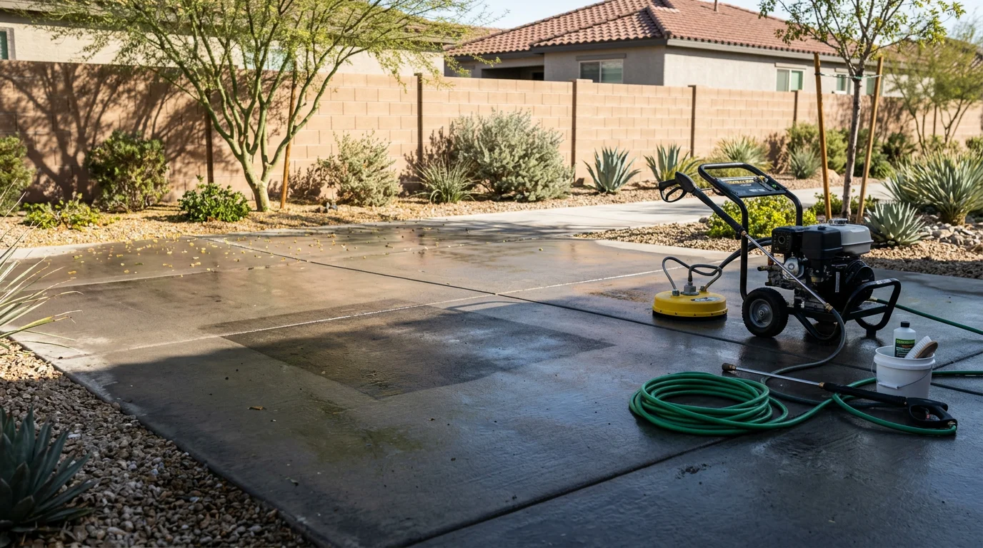 A concrete driveway at a Las Vegas residential property being cleaned with a professional pressure washer, showing a clear contrast between the dirty oil-stained section and the freshly washed surface. A surface cleaner attachment is in use, leaving an even, streak-free finish on the desert-dusted concrete.