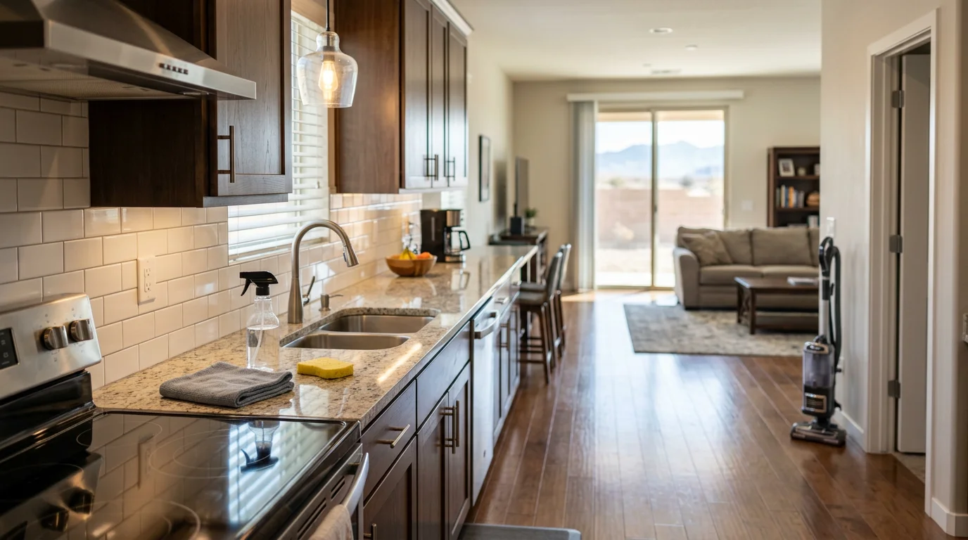 A clean kitchen in a Las Vegas residential home with wiped countertops, a scrubbed sink, and dust-free surfaces after a standard cleaning visit by Quality Cleaning Services. Bright natural light shows clear, streak-free surfaces throughout the room.