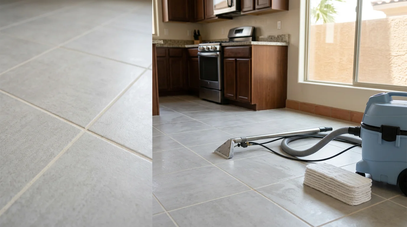 Close-up of freshly cleaned white grout lines between porcelain floor tiles in a Las Vegas home, showing restored color after professional hot water extraction service. Before-and-after contrast visible along the grout lines where mineral buildup and discoloration have been removed.