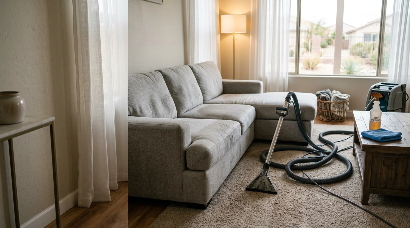A clean, freshly cleaned microfiber sectional sofa in a Las Vegas living room, showing restored fabric color and no visible staining. A technician from Quality Cleaning Services works on the cushions with professional upholstery cleaning equipment.